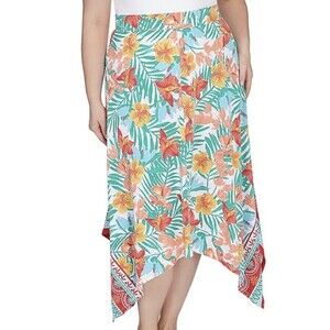 Ruby Rd. Tropical Splash Colorful Flowy Beachy Floral Asymmetrical Maxi Skirt 1X